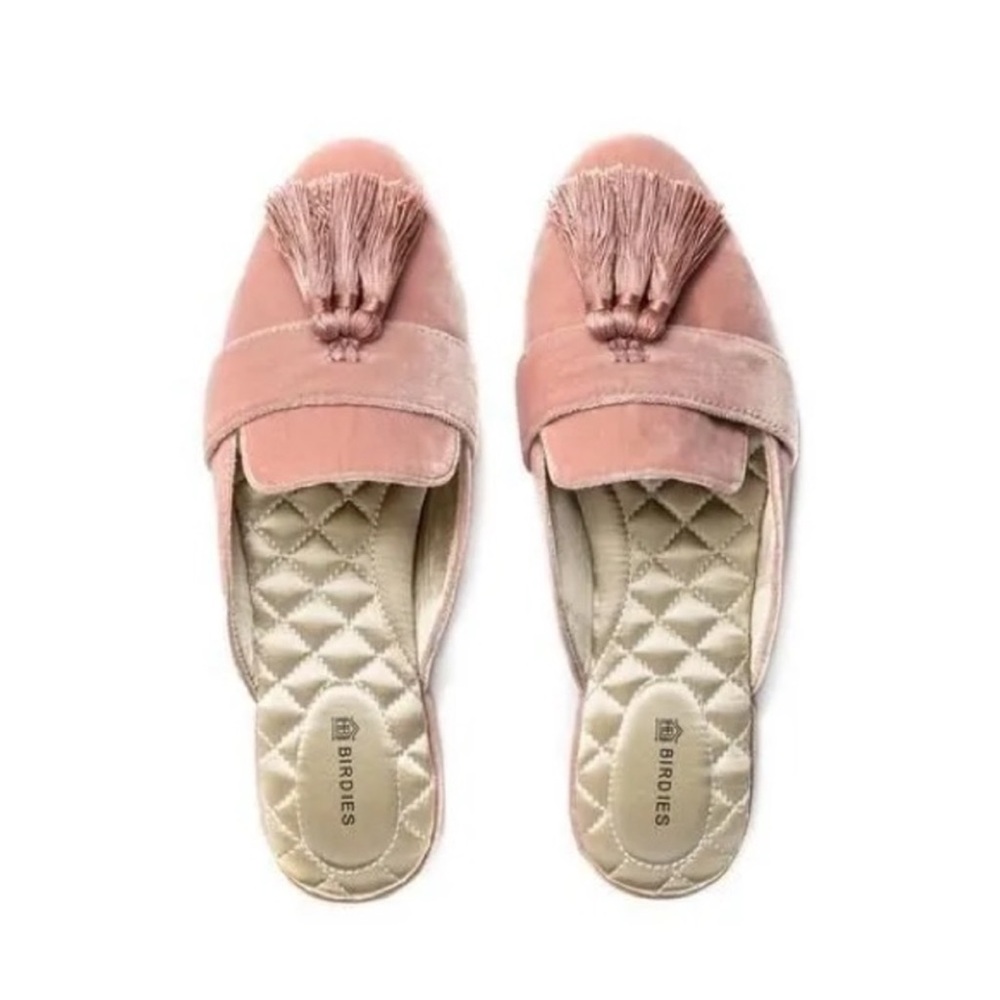 BIRDIES Pink Velvet Triple Tassel Robin Slides Slippers Flats